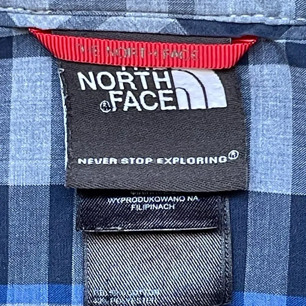 The North Face Plaid Snap Button Shirt Mens S Blue Gray Short Sleeve